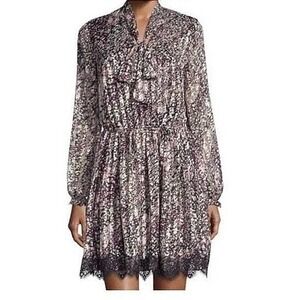 Alexia Admor Floral Lace Trim Mini Dress Black Pink Green XS Long Sleeve Mesh